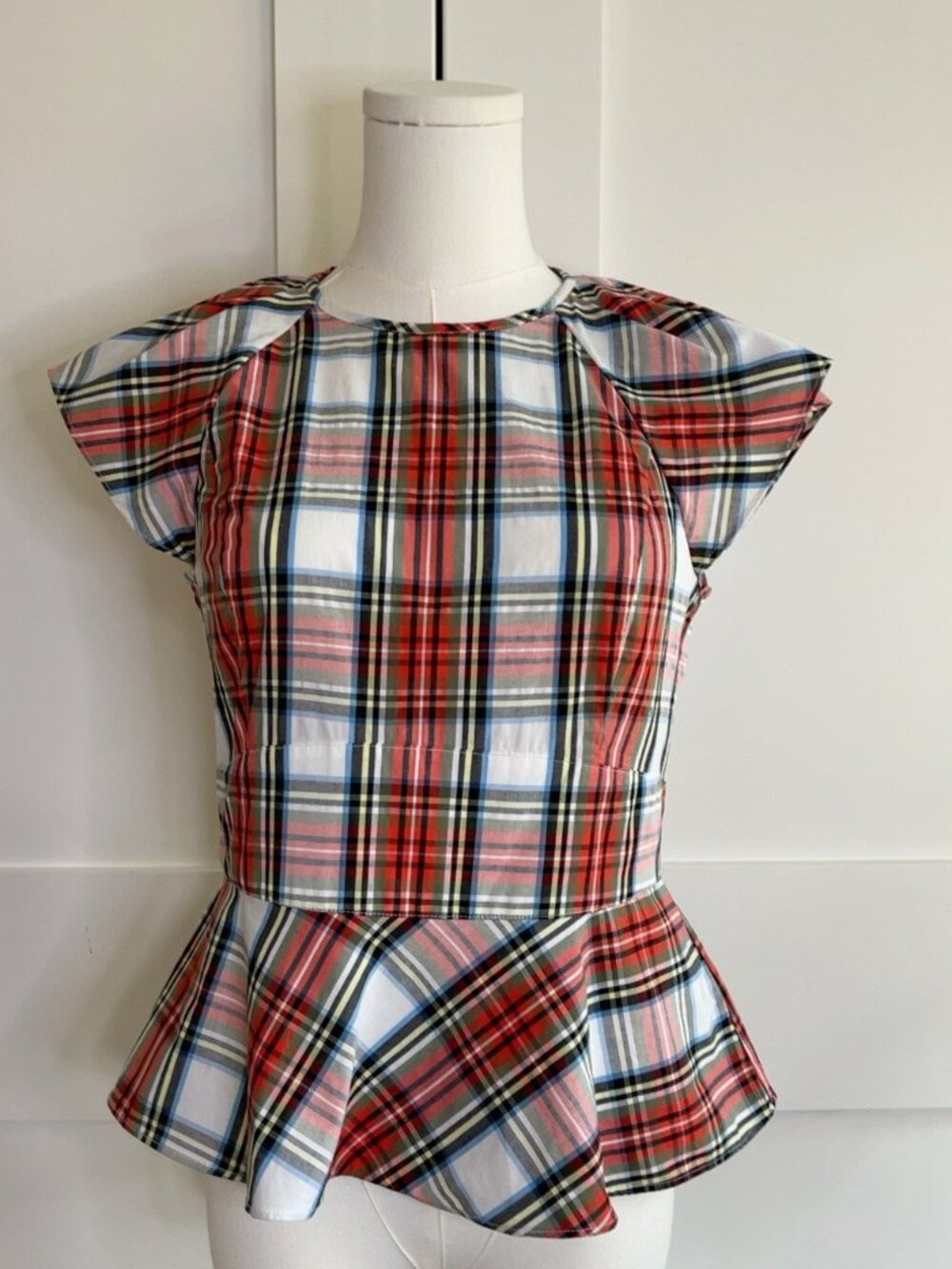 J.Crew Multicolor Plaid Peplum Flutter Sleeve Top Size 4